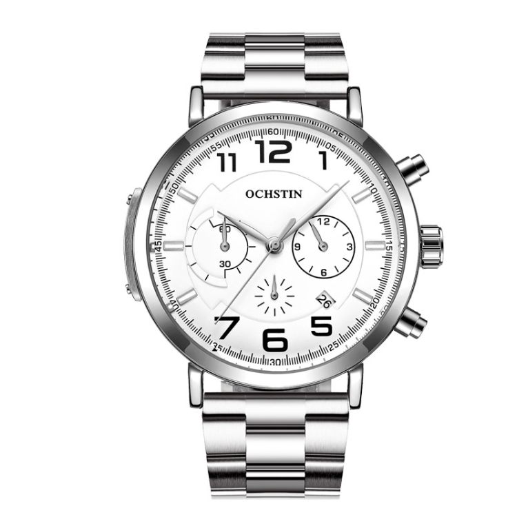 OCHSTIN 7243 Men Fashion Steel Strap Multifunctional Quartz Watch(Silver White)