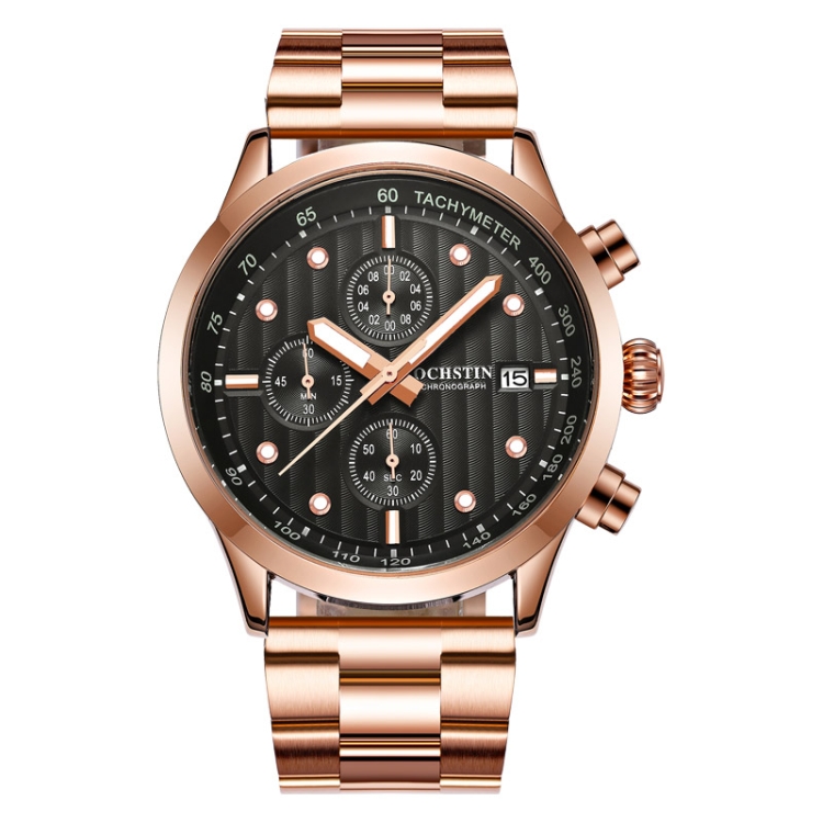 OCHSTIN 7245 Fashion Steel Strap Multifunctional Quartz Men Watch(Rose Gold Black)