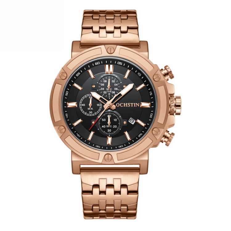 OCHSTIN 7247 Fashion Steel Strap Multifunctional Quartz Men Watch(Rose Gold Black)