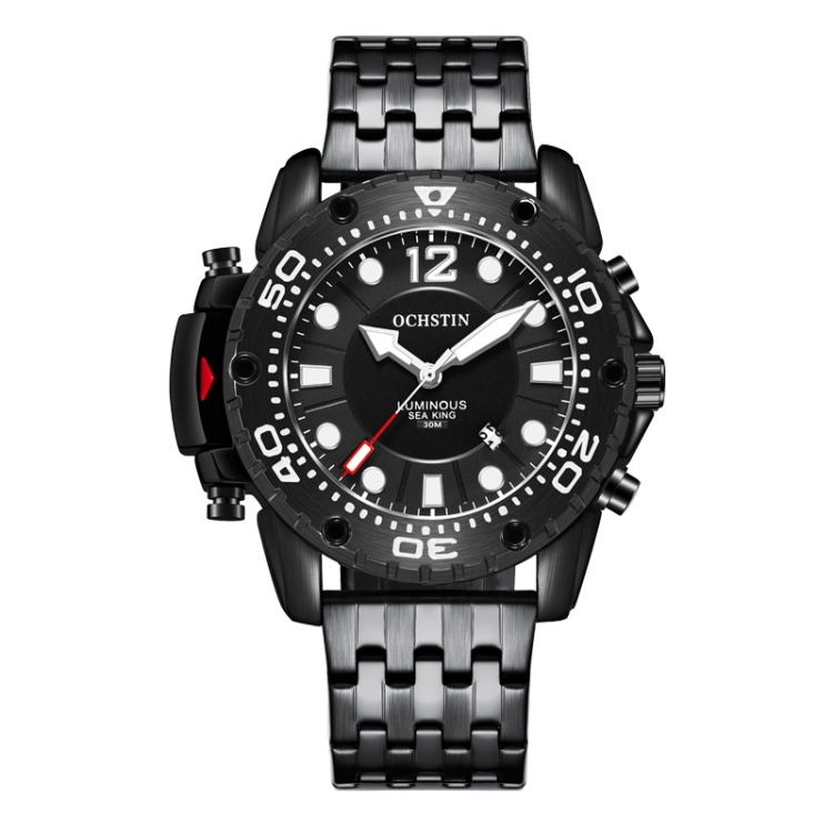 OCHSTIN 7249 Fashion Steel Strap Multifunctional Quartz Men Watch(Black+Black)