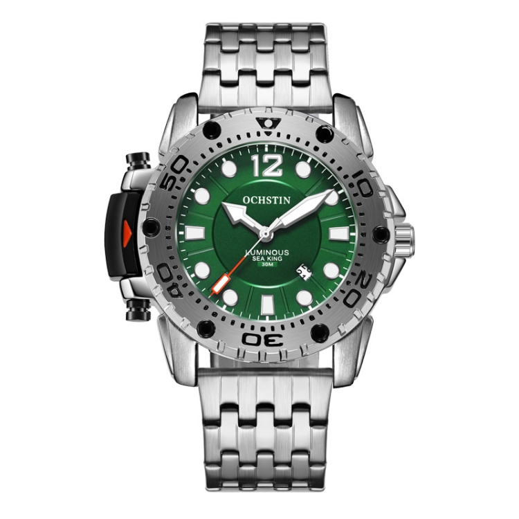 OCHSTIN 7249 Fashion Steel Strap Multifunctional Quartz Men Watch(Silver+Green)
