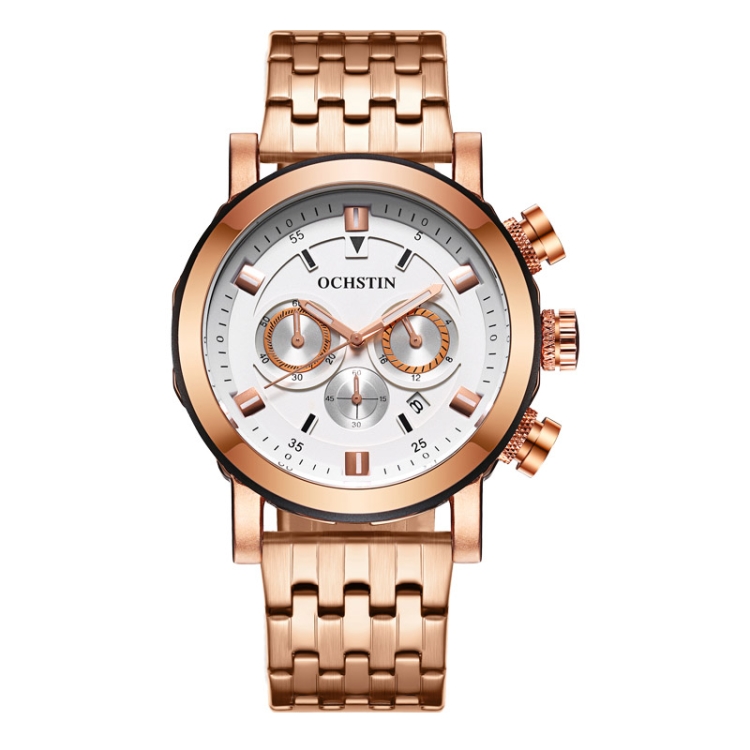 OCHSTIN 7254 Fashion Steel Strap Multifunctional Quartz Men Watch(Rose Gold White)