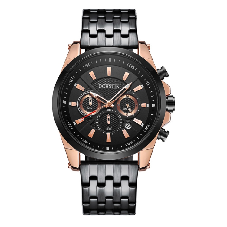 OCHSTIN 7256 Fashion Steel Strap Multifunctional Quartz Men Watch(Black)