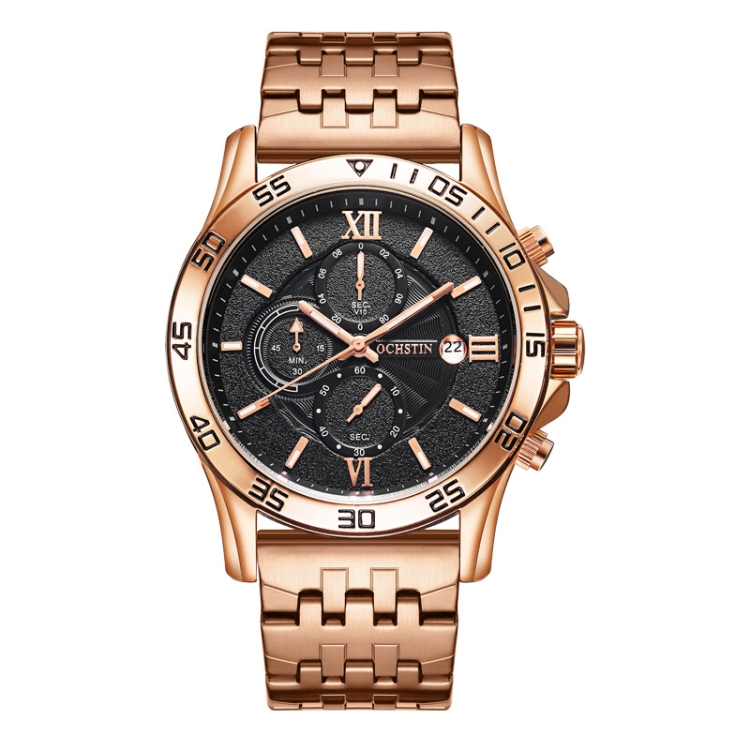 OCHSTIN 7257 Fashion Steel Strap Multifunctional Quartz Men Watch(Rose Gold Black)