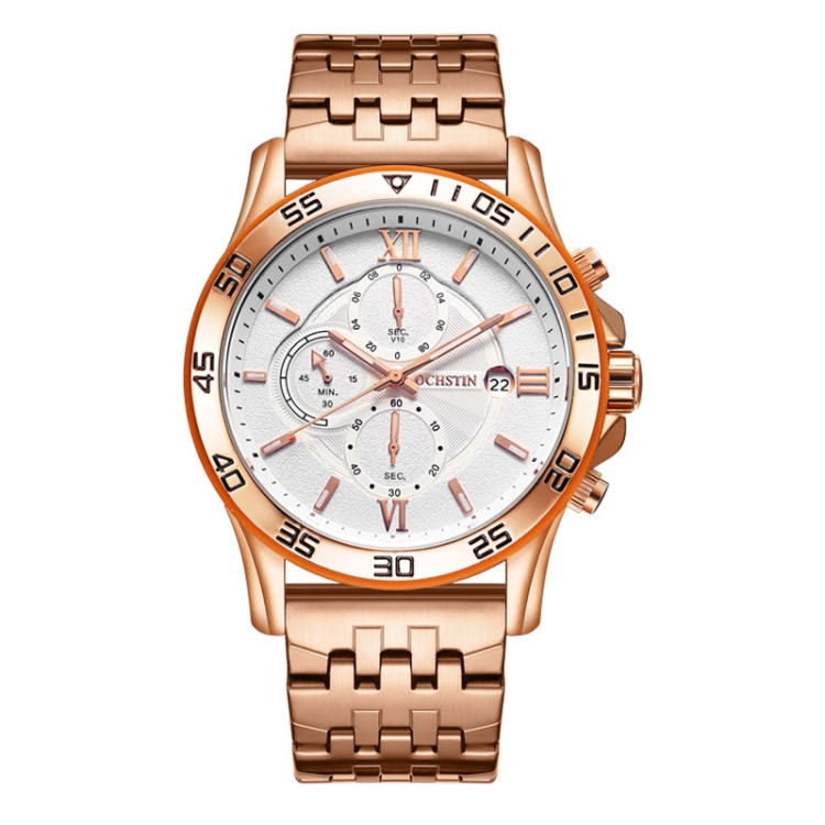 OCHSTIN 7257 Fashion Steel Strap Multifunctional Quartz Men Watch(Rose Gold White)