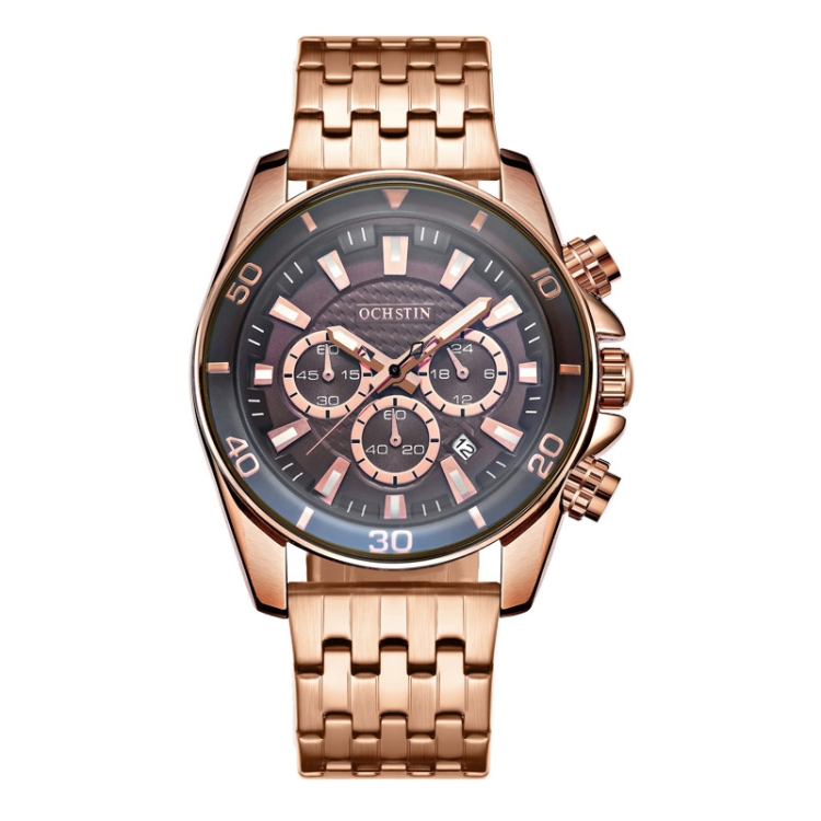 OCHSTIN 7259 Fashion Steel Strap Multifunctional Quartz Men Watch(Rose+Coffee+Rose)