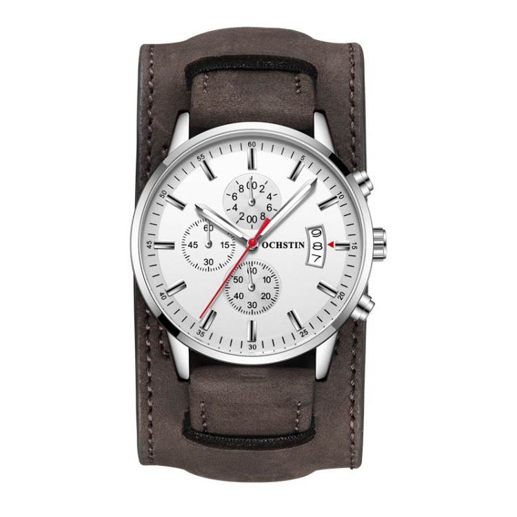Ochstin 7266 Multifunctional Leather Wrist Wrist Waterproof Luminous Quartz Watch(Silver+Dark Brown)