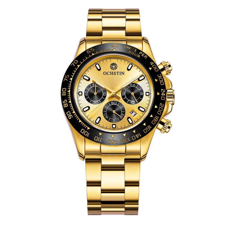 OCHSTIN Augusten 6103B Multi Function Quartz Watch Sports luminous Waterproof Watch Calendar Steel Band Men Watch(Gold)