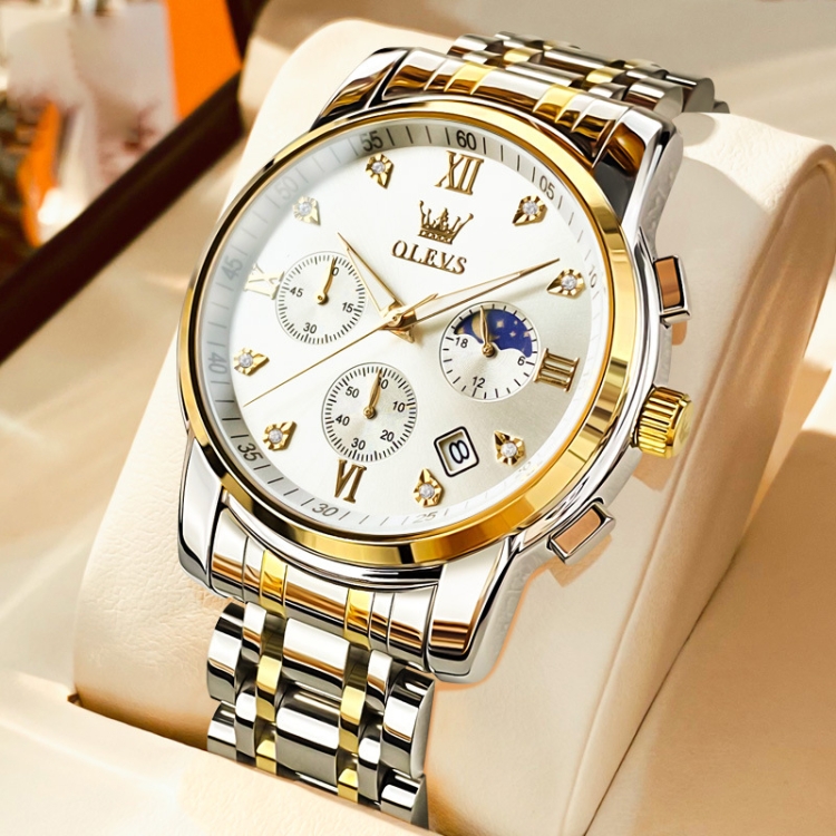 OLEVS 2858 Men Multifunctional Business Waterproof Quartz Watch(White + Gold)