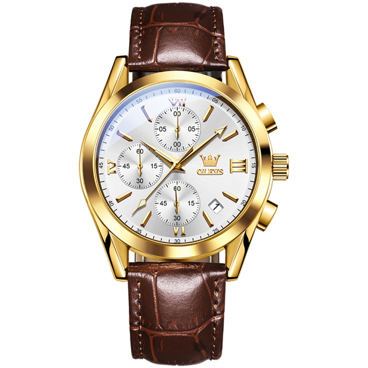 OLEVS 2872 Men Three Eyes Six Needles Chronograph Waterproof Quartz Watch(White + Gold)