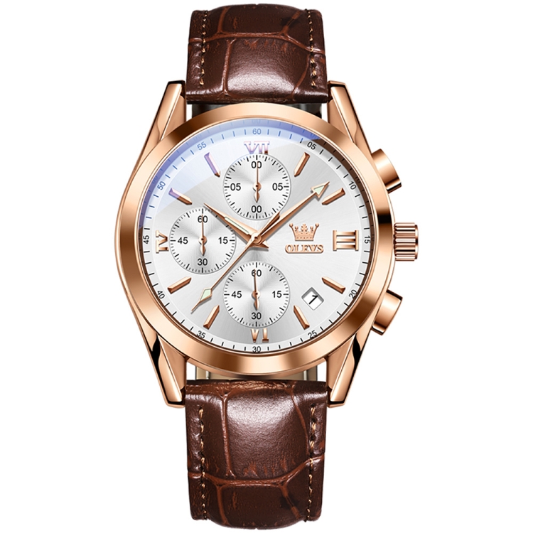 OLEVS 2872 Men Three Eyes Six Needles Chronograph Waterproof Quartz Watch(White + Rose Gold)