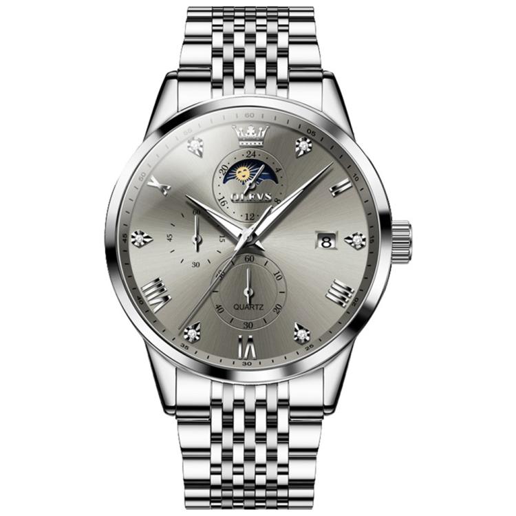 OLEVS 2925 Men Multifunctional Waterproof Luminous Quartz Watch(Silver Grey)