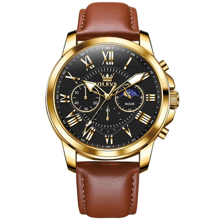 OLEVS 3632 Men Multifunctional Large Dial Luminous Waterproof Quartz Watch(Brown + Black Gold)