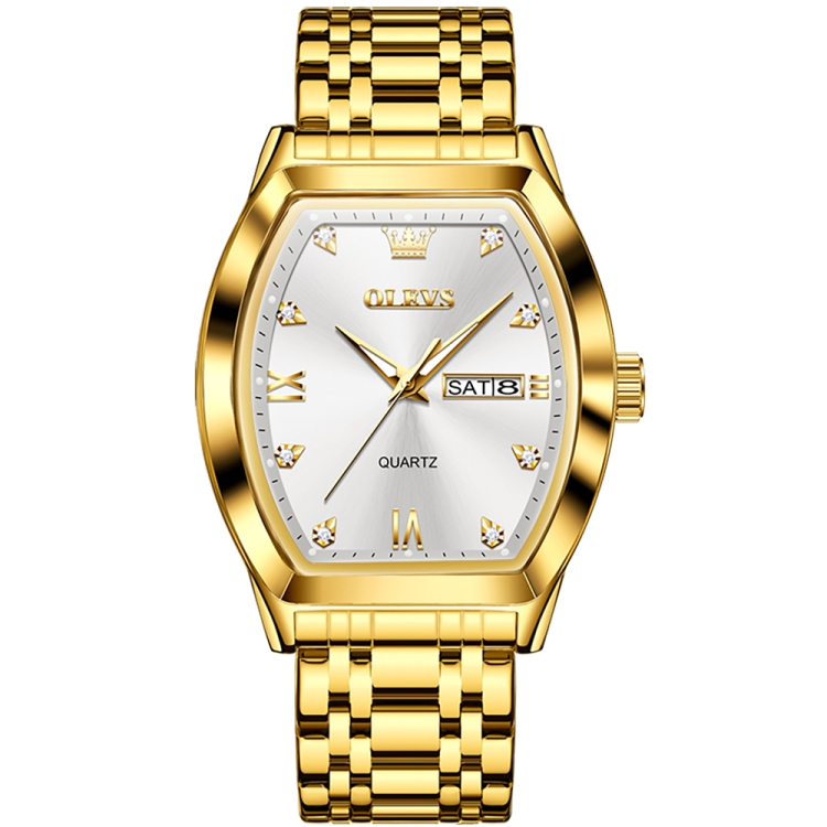 OLEVS 5528 Men Business Dual Calendar Wine Barrel Waterproof Quartz Watch(White + Gold)