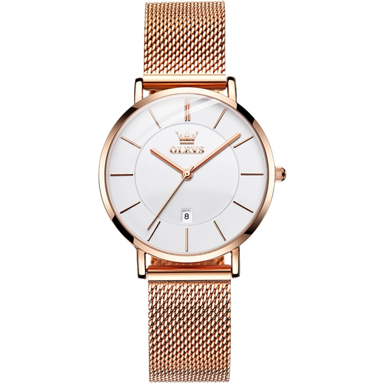 OLEVS 5869 Ladies Business Waterproof Steel Strap Quartz Watch(White + Rose Gold)