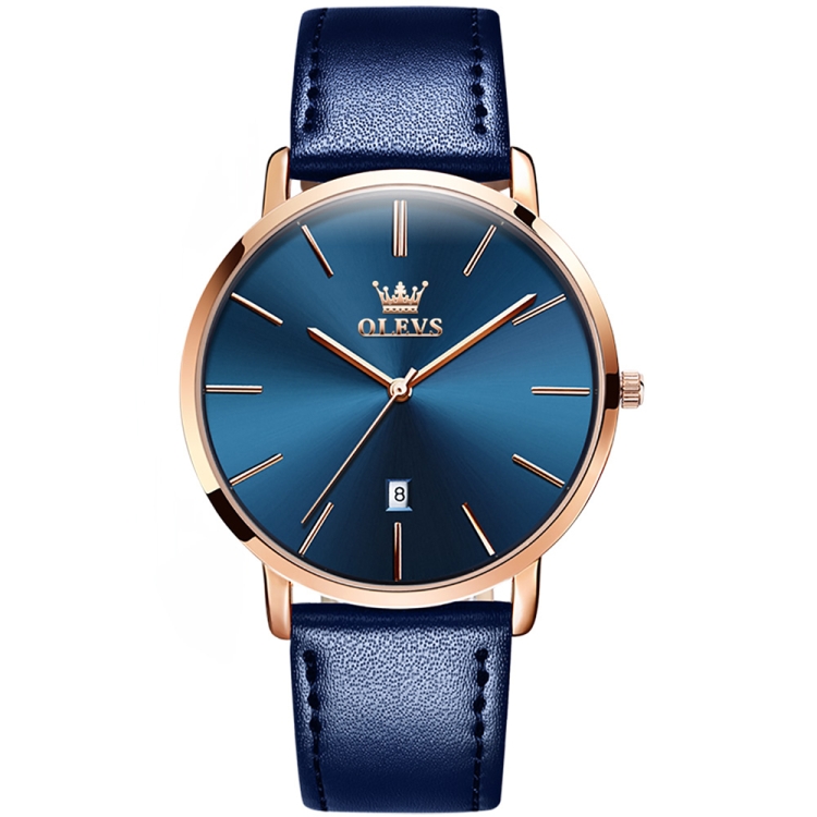OLEVS 5869 Men Business Waterproof Genuine Leather Strap Quartz Watch(Blue + Blue)