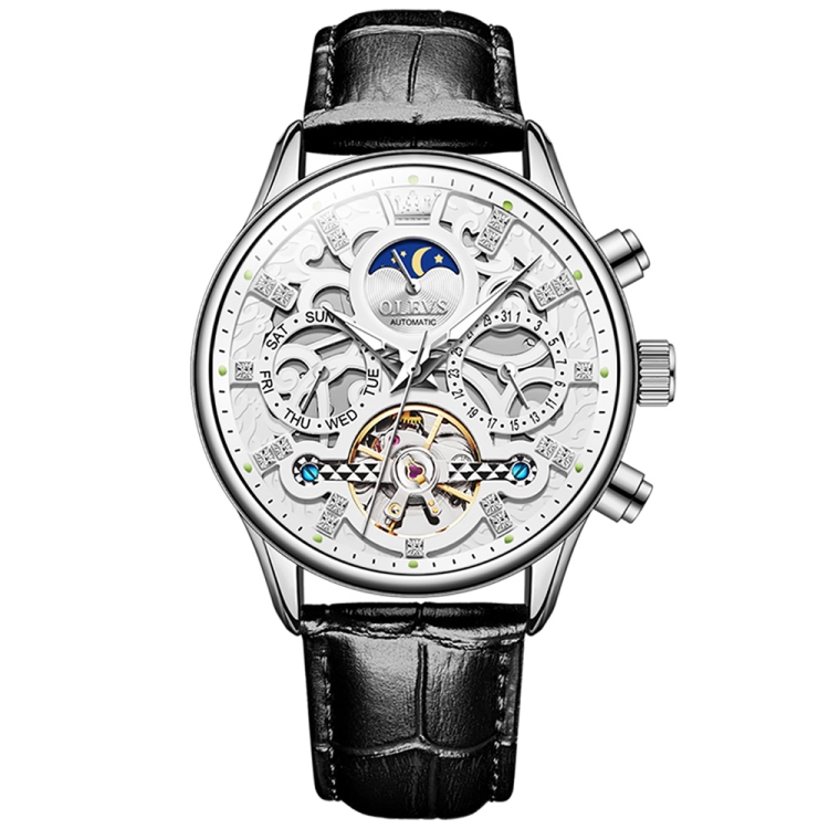 OLEVS 6658 Men Luminous Waterproof Leather Strap Mechanical Watch(White)