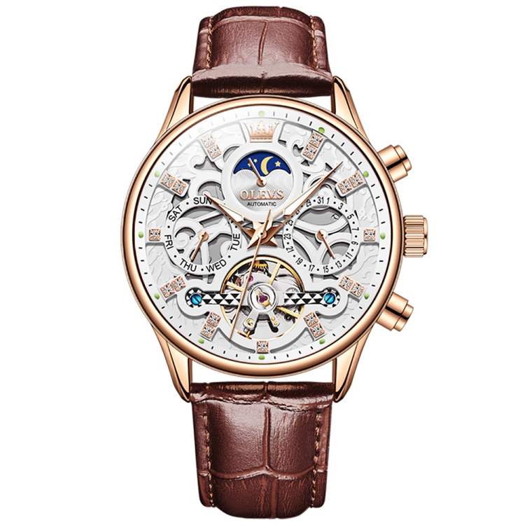 OLEVS 6658 Men Luminous Waterproof Leather Strap Mechanical Watch(White + Rose Gold)