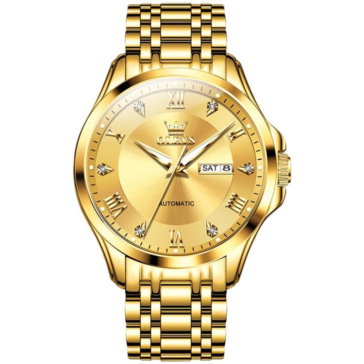 OLEVS 6702 Men Waterproof Luminous Dual Calendar Mechanical Watch(Blue Gold)