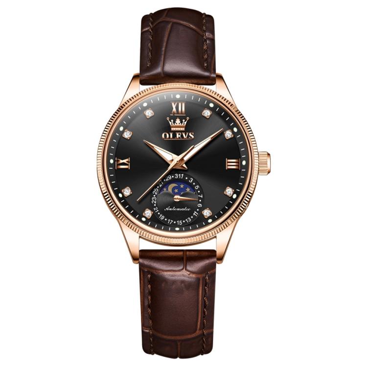 OLEVS 7039 Women Sun Moon Star Luminous Waterproof Mechanical Watch(Rose Gold + Black)