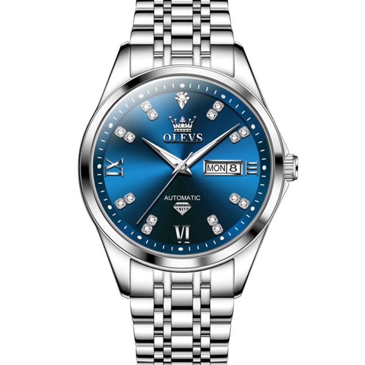 OLEVS 9801 Men Diamond Waterproof Dual Calendar Mechanical Watch(Blue)