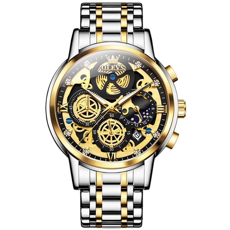 OLEVS 9947 Men Multifunctional Hollow Waterproof Quartz Watch(Black + Gold)