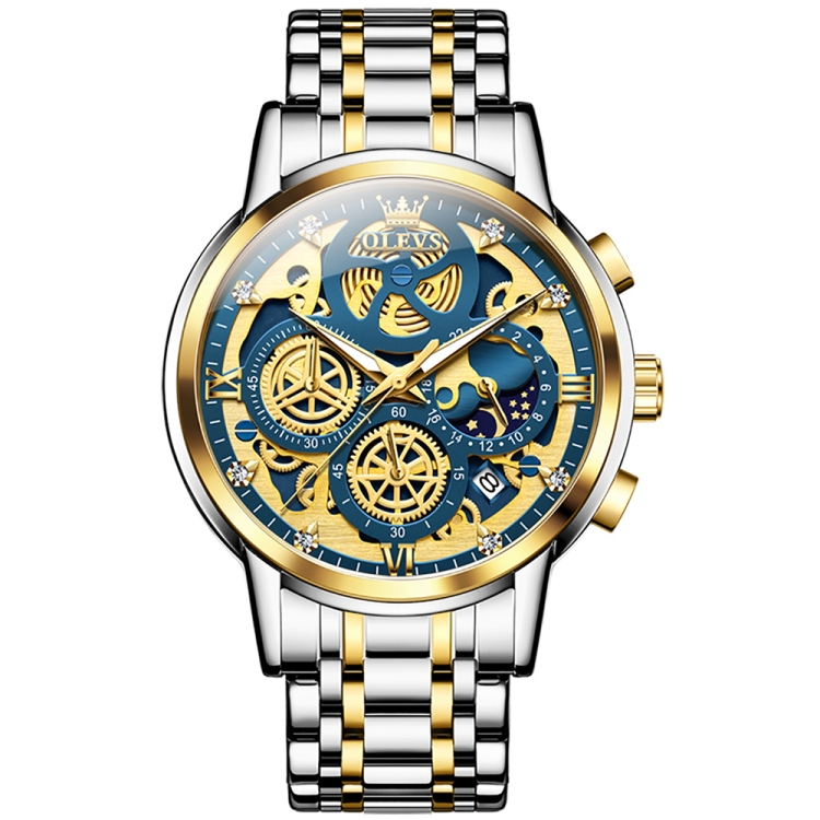 OLEVS 9947 Men Multifunctional Hollow Waterproof Quartz Watch(Blue + Gold)
