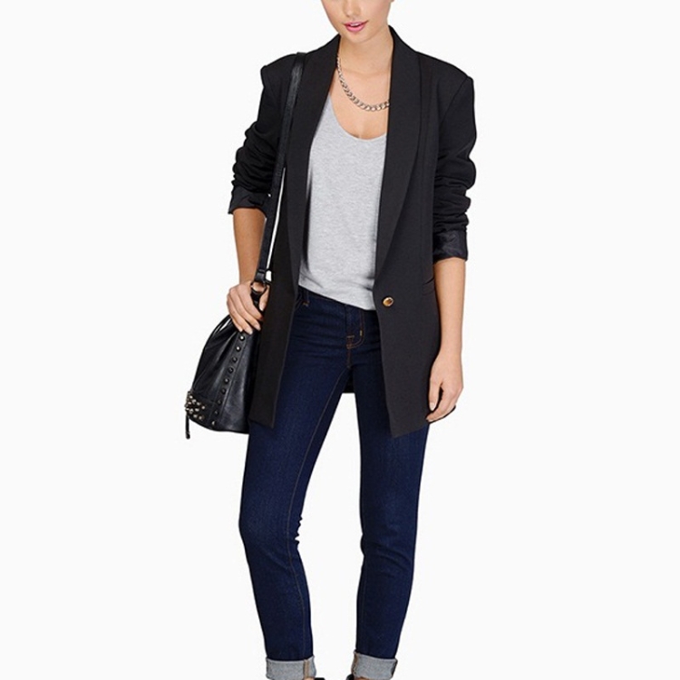 One Buckle Long-sleeved Suit (Color:Black Size:XL)