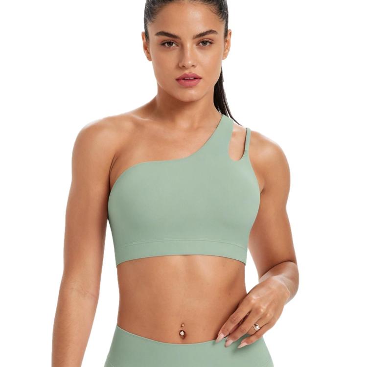 One-Shoulder Backless Sports Bra For Running Fitness And Yoga, Size: L(Basil Green)