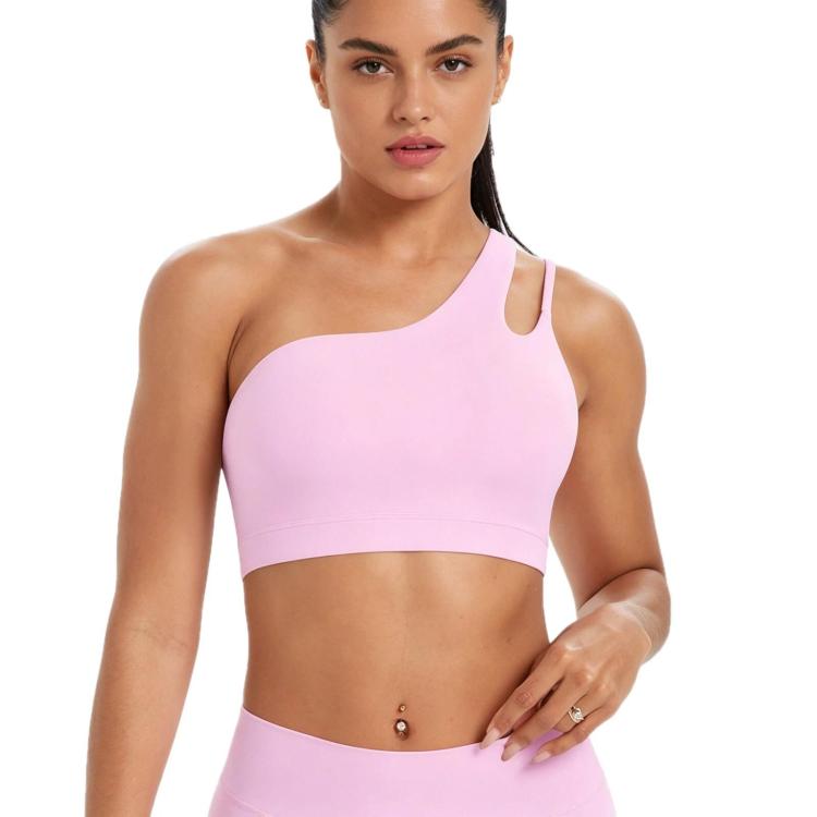 One-Shoulder Backless Sports Bra For Running Fitness And Yoga, Size: M(Cherry Blossom Pink)
