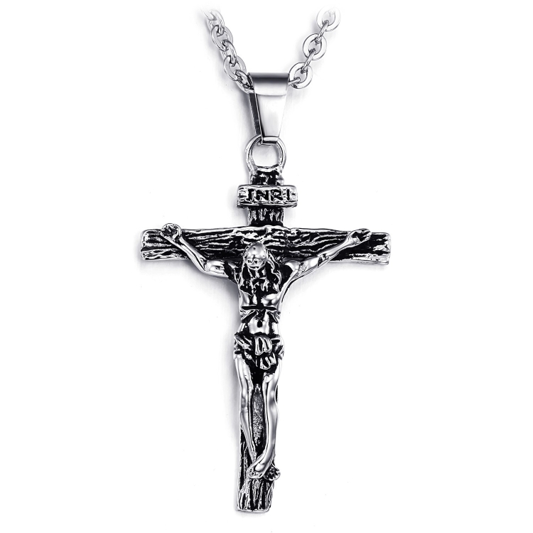 OPK 810 Retro Cross Frame Titanium Steel Men Pendant Necklace, Color: Steel Color+3x55cm Pearl Chain