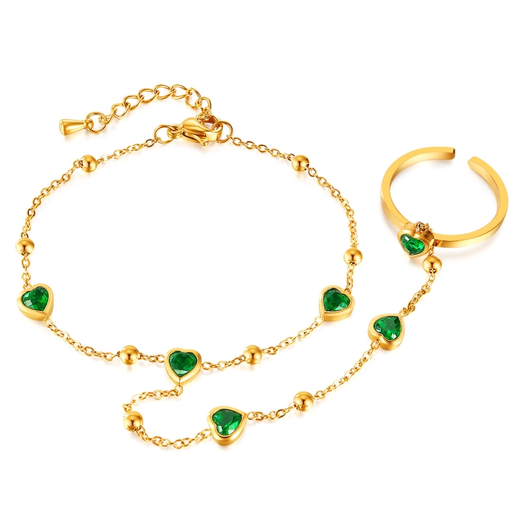 OPK GS1558 2 In 1 Emerald Heart Zirconia Stainless Steel Ring Bracelet