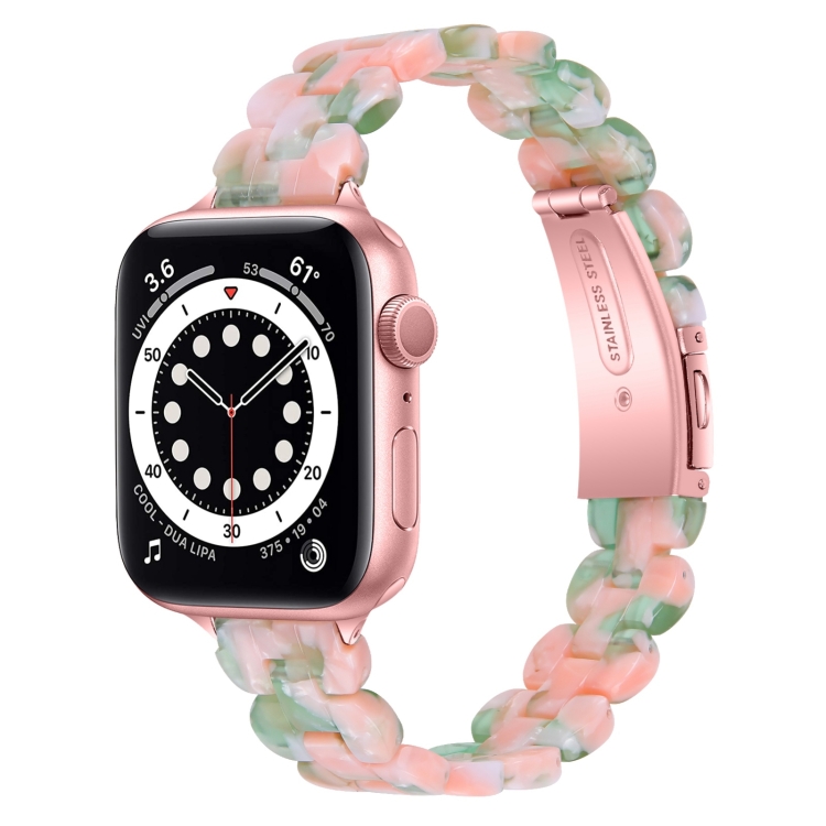 Oval Resin Watch Band For Apple Watch Ultra 49mm&Watch Ultra 2 49mm / Series 9&8&7 45mm / SE 3&SE 2&6&SE&5&4 44mm / 3&2&1 42mm(Pink Green Flower)