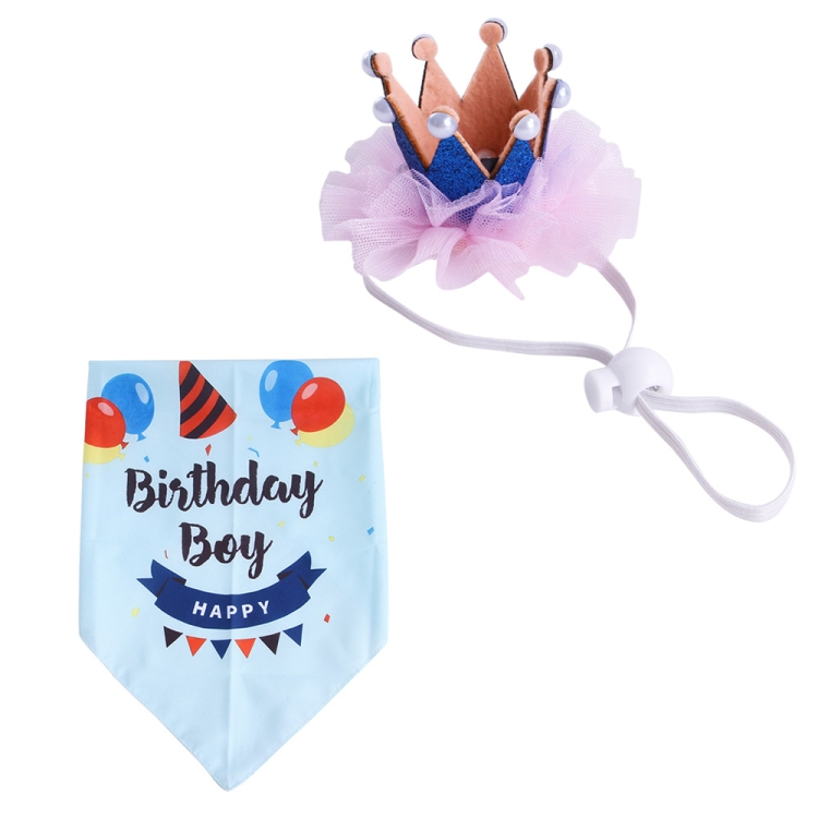 Pet Birthday Suit Pearl Crown Hat Triangle Scarf Combination Birthday Dress Up Pet Supplies(Balloon Blue)