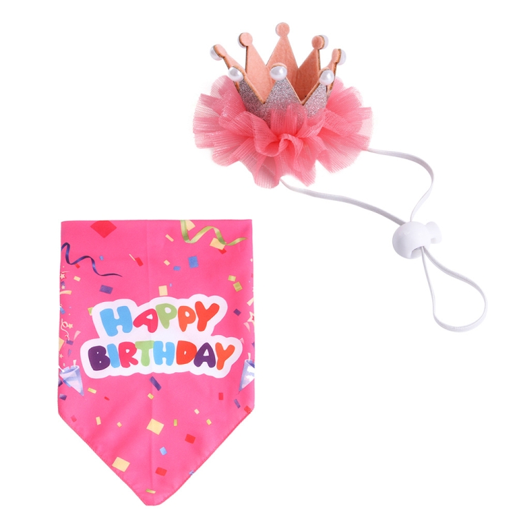 Pet Birthday Suit Pearl Crown Hat Triangle Scarf Combination Birthday Dress Up Pet Supplies(Color Tape Pink)