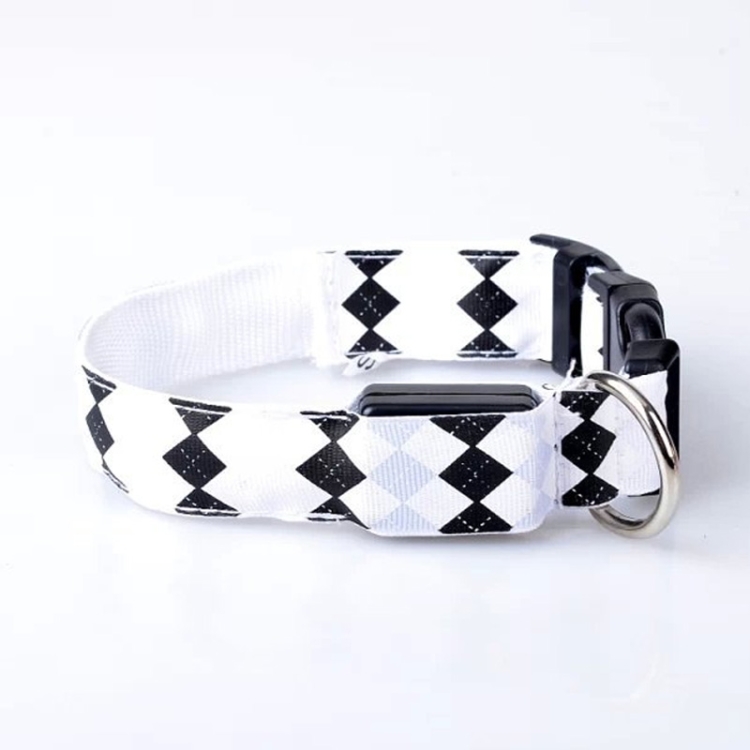 Plaid Pattern Rechargeable LED Glow Light Leads Pet Dog Collar for Small Medium Dogs, Size:L(White)