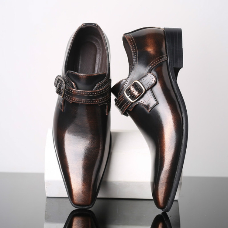 Pointed British Style Men Leather Shoes Buckle Low Heel Shoes, Size:48(Bronze)