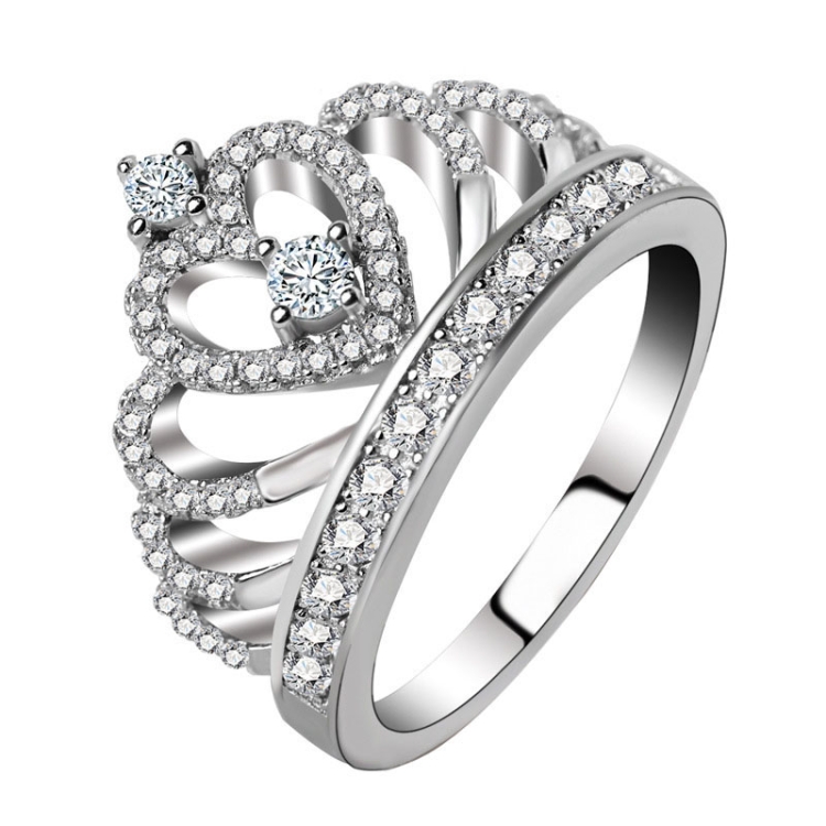 Princess Queen Crown-shaped Platinum Plated Zircon Ring, US Size: 7, Diameter: 17.3mm, Perimeter: 54.4mm(Silver)