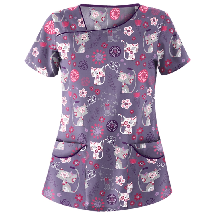 Printed Round Neck Slim-fit Nurse Uniform T-shirt (Color:Grey Size:XL)