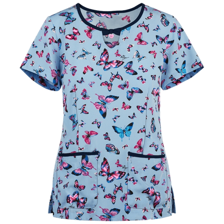 Printed Round Neck Slim-fit Nurse Uniform T-shirt (Color:Light Blue Size:XXL)