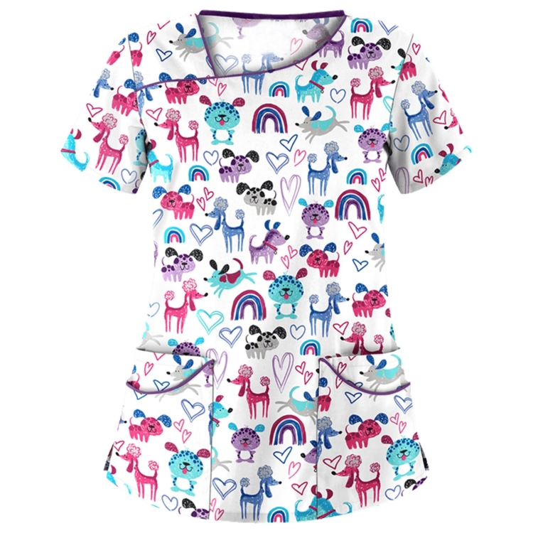 Printed Round Neck Slim-fit Nurse Uniform T-shirt (Color:White Size:XXL)
