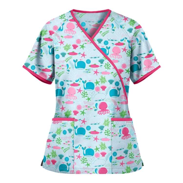 Printed V-neck Mid-length Nurse Uniform T-shirt (Color:Beige Size:L)