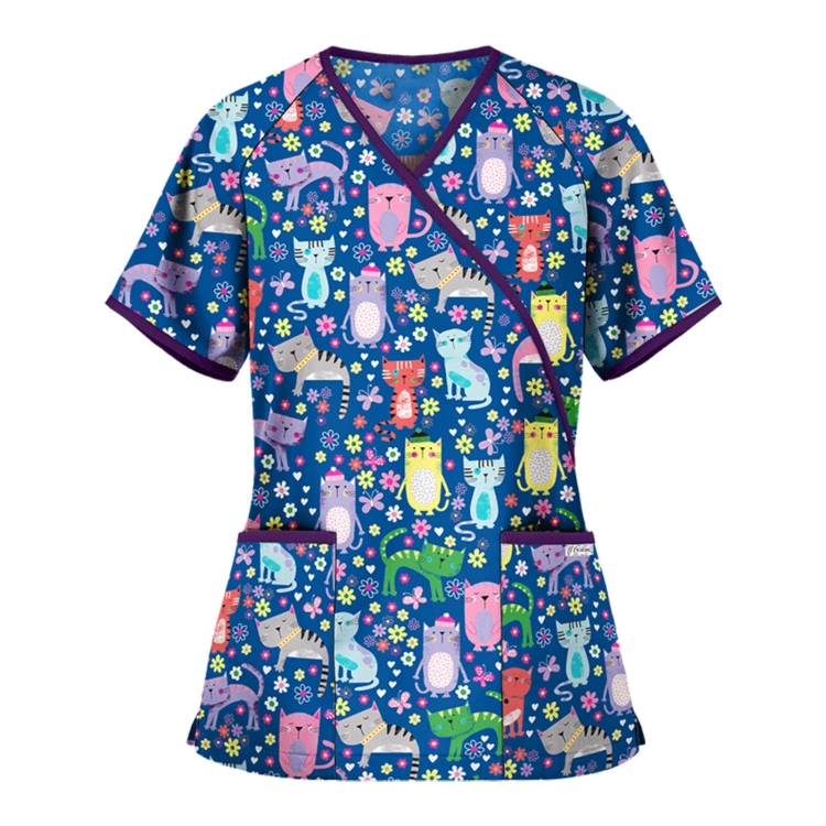 Printed V-neck Mid-length Nurse Uniform T-shirt (Color:Blue Size:XL)