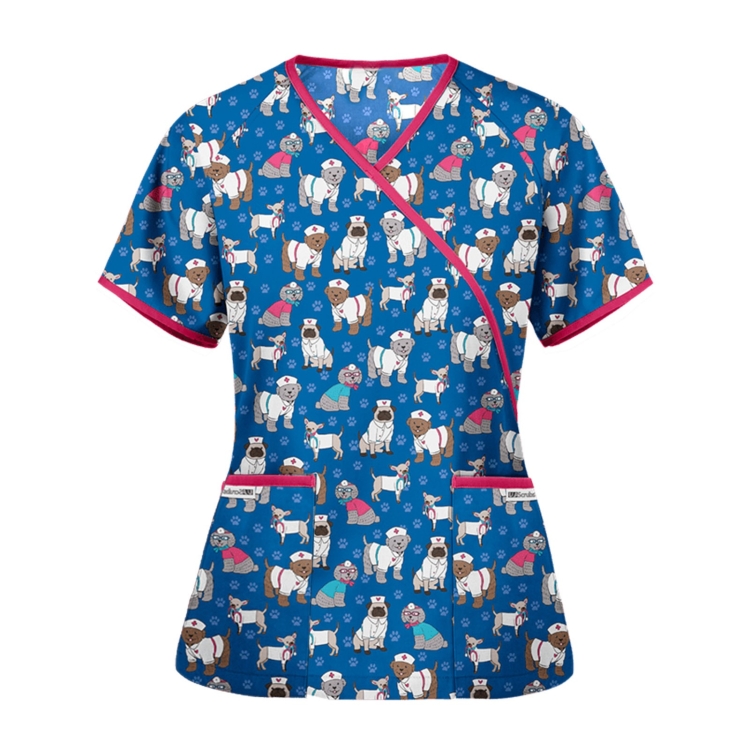 Printed V-neck Mid-length Nurse Uniform T-shirt (Color:Dark Blue Size:M)