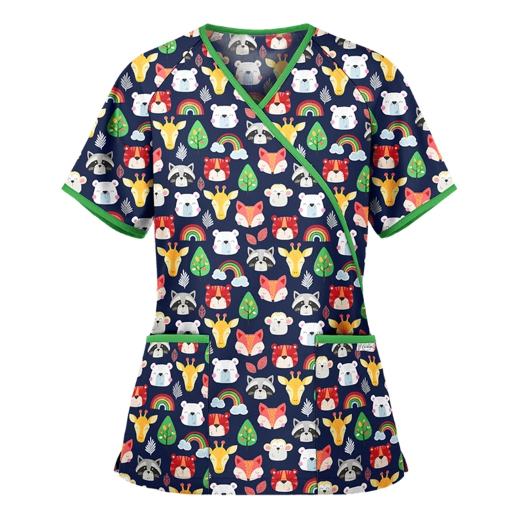 Printed V-neck Mid-length Nurse Uniform T-shirt (Color:Green Size:M)