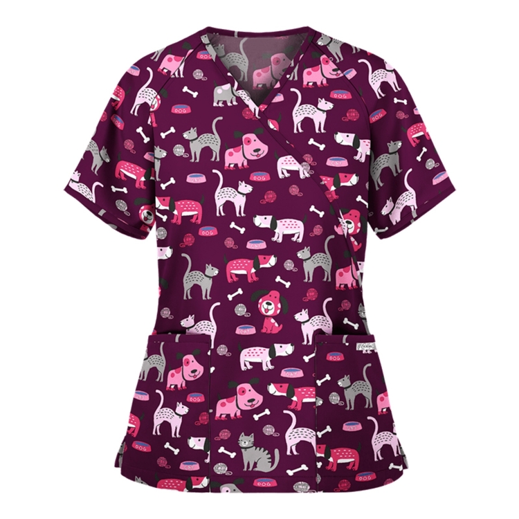 Printed V-neck Mid-length Nurse Uniform T-shirt (Color:Purple Size:S)