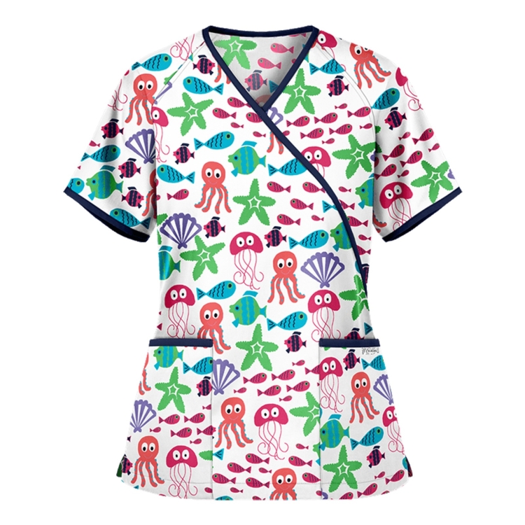 Printed V-neck Mid-length Nurse Uniform T-shirt (Color:White Size:XXL)