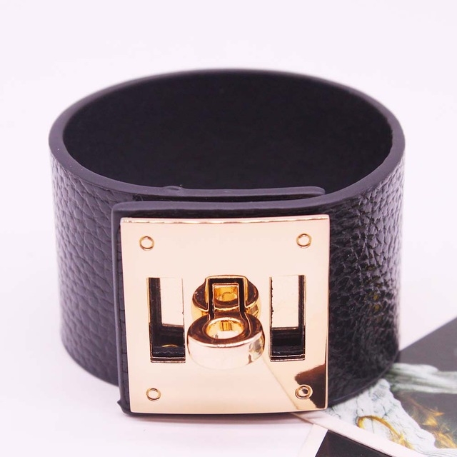 Punk Wide Leather Bracelets Bangles for Women Cuff Bracelet (Black)
