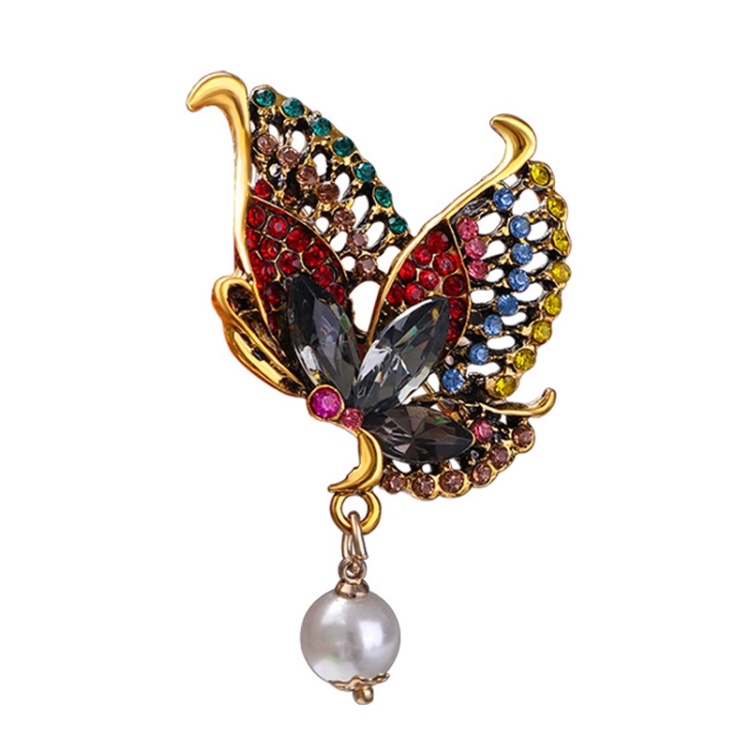 Retro Colorful Rhinestone Butterfly Brooch Women Pin Crystal Pearl Corsage Clothing Ornament(Red)