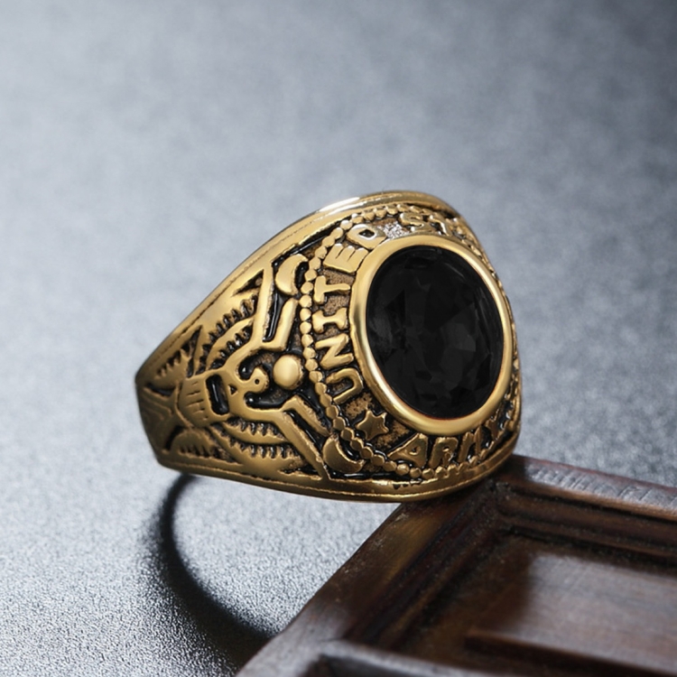 Retro Round Gemstone Carved Soldier Army Military Titanium Steel Ring for Men, US Size: 10, Diameter: 19.9mm, Perimeter: 62.4mm(Black)